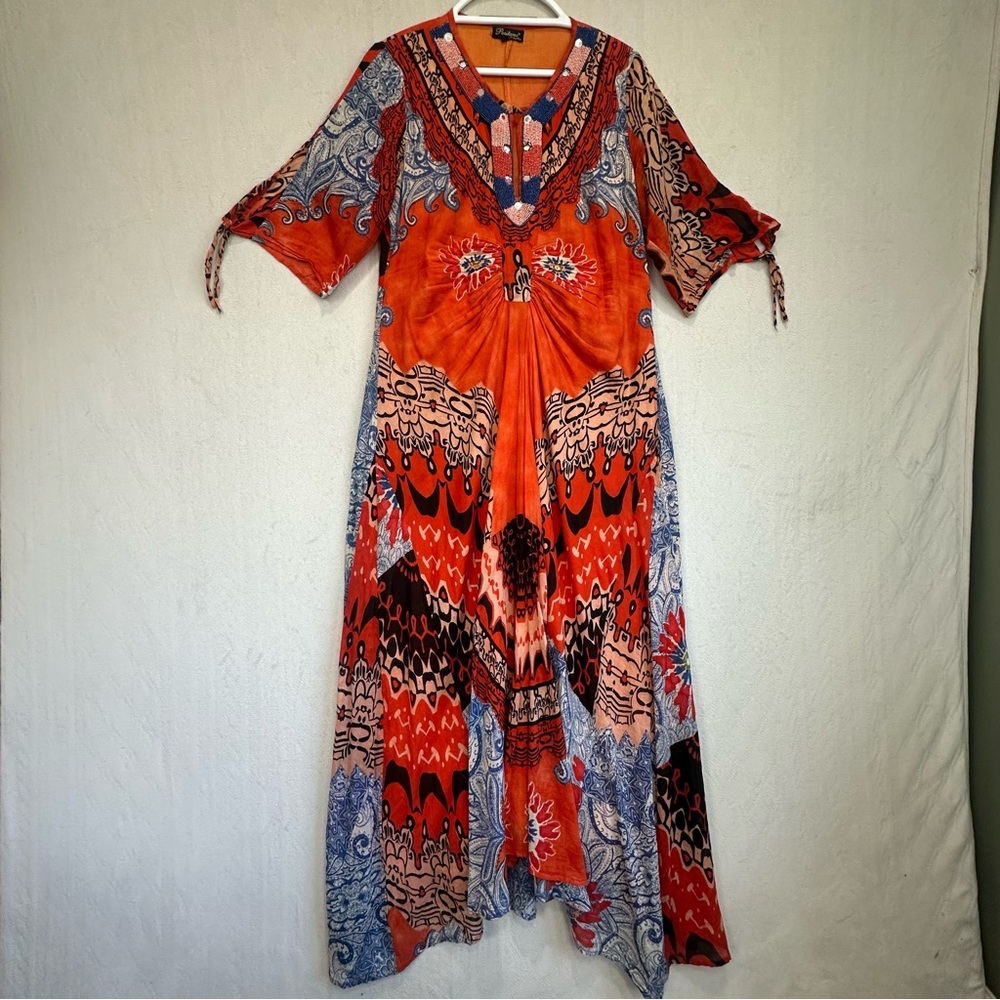 Positano Boho V-Neck Beaded Orange Printed Maxi Dress Tribal Shark Kaftan Sz L